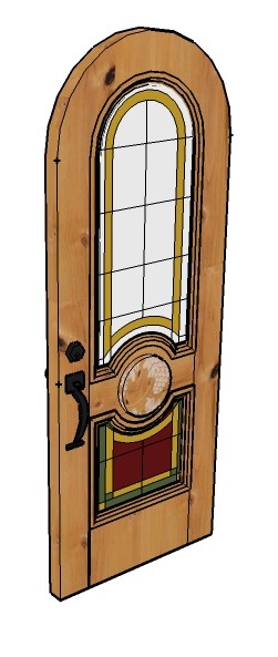 Rendering of wine cellar door with leaded glass and carved grape vines