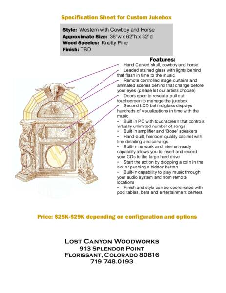 Specification sheet for jukebox from Lost Canyon Woodworks