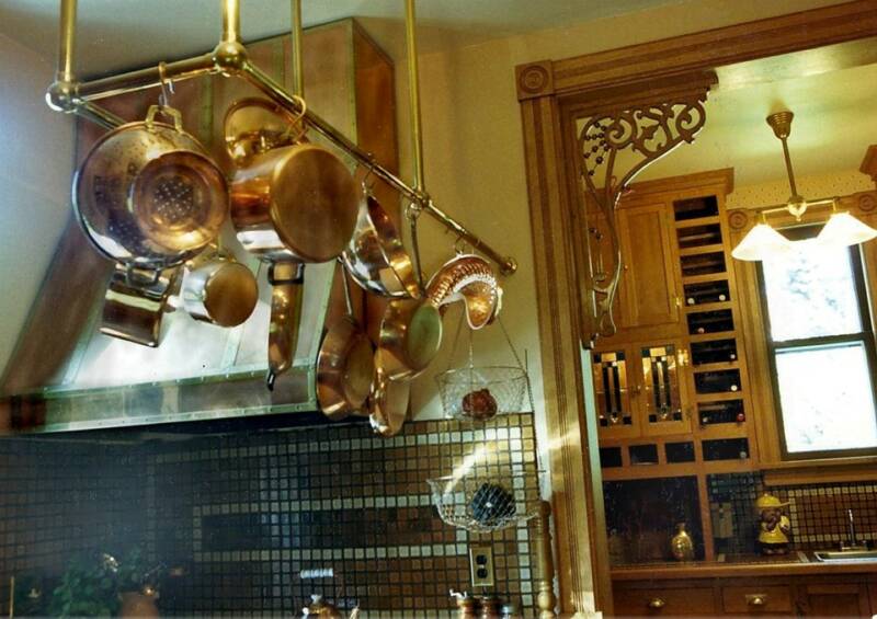 Custom copper and brass hood and pot rack